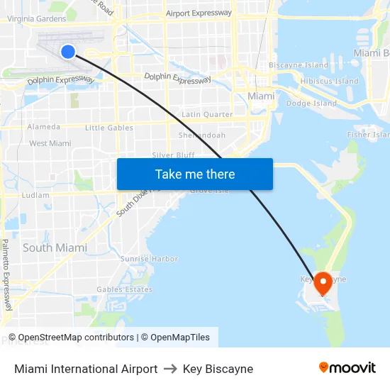 Miami International Airport to Key Biscayne map