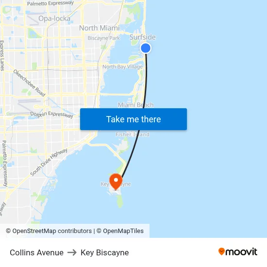 Collins Avenue to Key Biscayne map