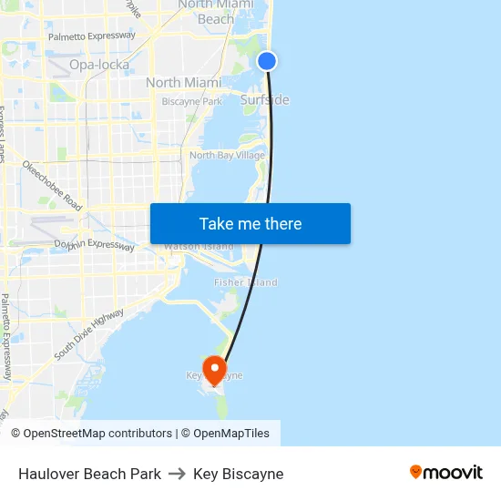 Haulover Beach Park to Key Biscayne map