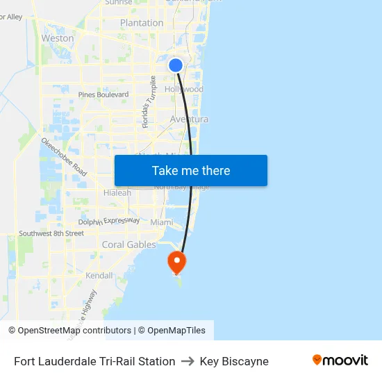 Fort Lauderdale Tri-Rail Station to Key Biscayne map