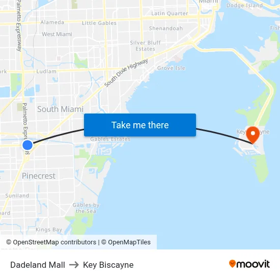 Dadeland Mall to Key Biscayne map