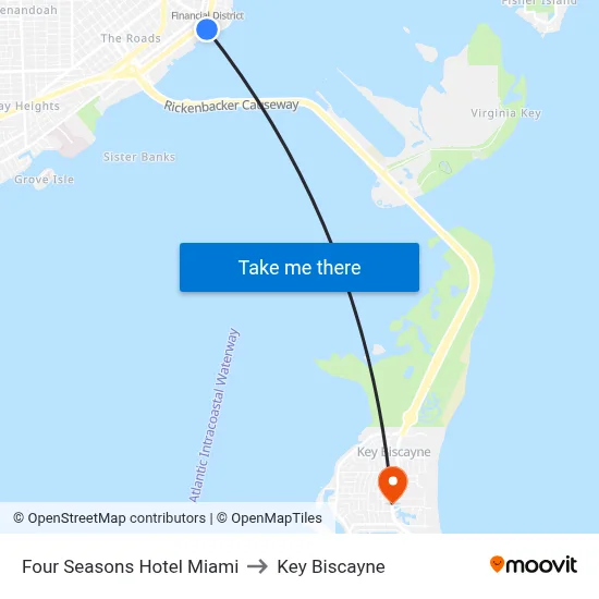 Four Seasons Hotel Miami to Key Biscayne map