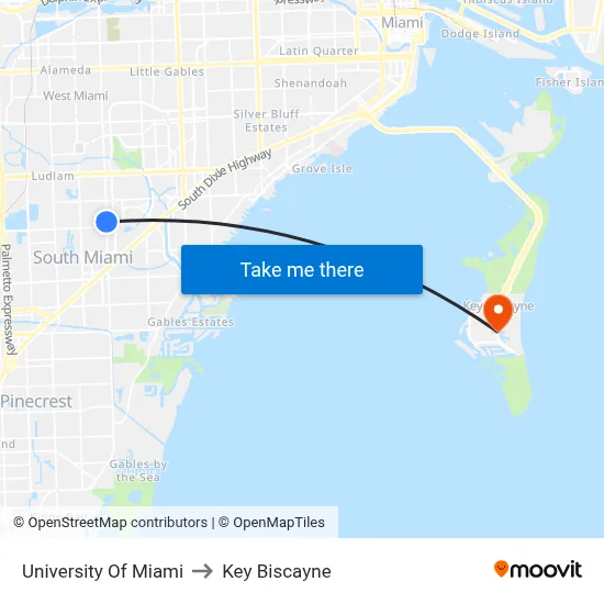 University Of Miami to Key Biscayne map