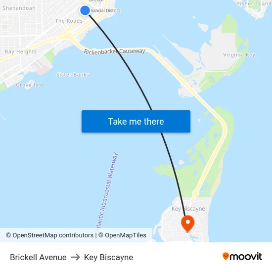 Brickell Avenue to Key Biscayne map