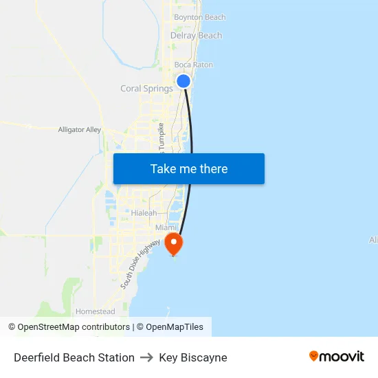 Deerfield Beach Station to Key Biscayne map