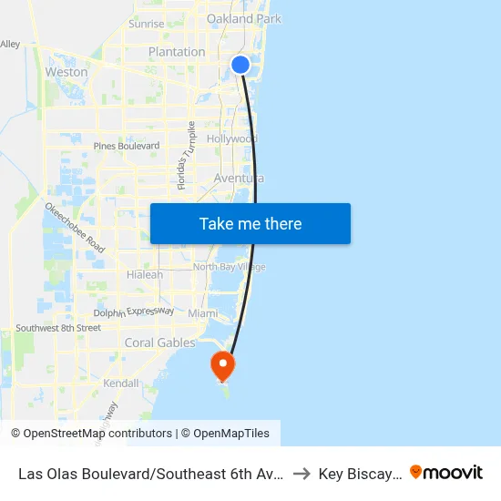 Las Olas Boulevard/Southeast 6th Avenue to Key Biscayne map