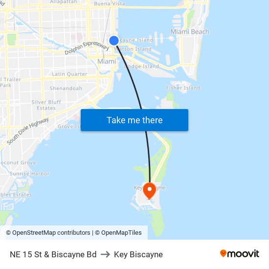 NE 15 St & Biscayne Bd to Key Biscayne map