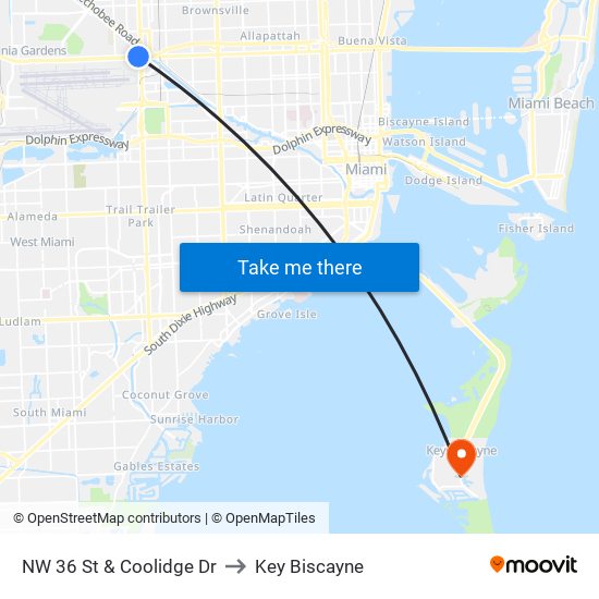 NW 36 St & Coolidge Dr to Key Biscayne map