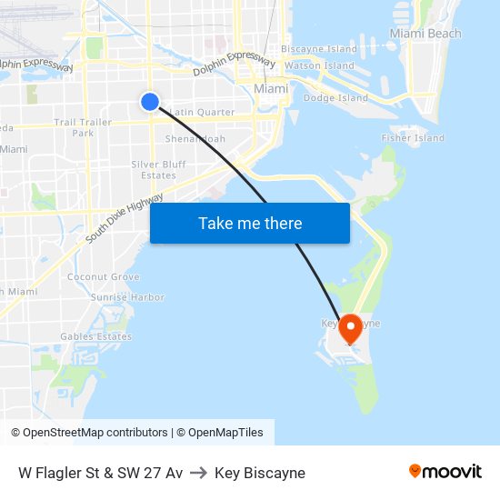 W Flagler St & SW 27 Av to Key Biscayne map