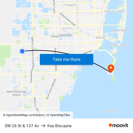 SW 26 St & 137 Av to Key Biscayne map