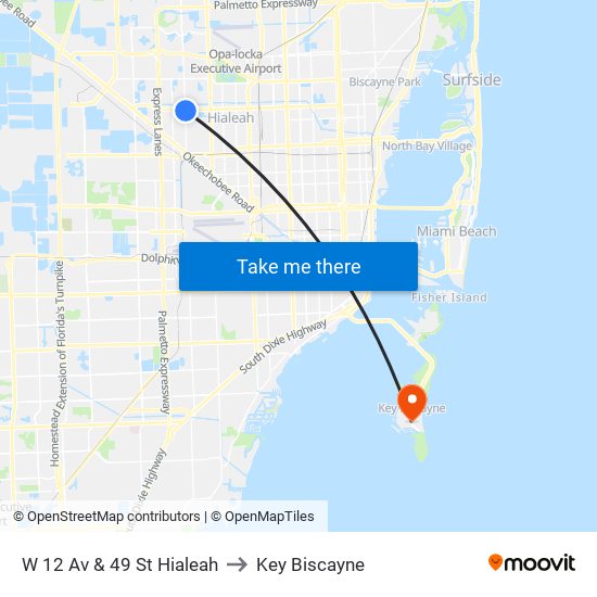 W 12 Av & 49 St Hialeah to Key Biscayne map