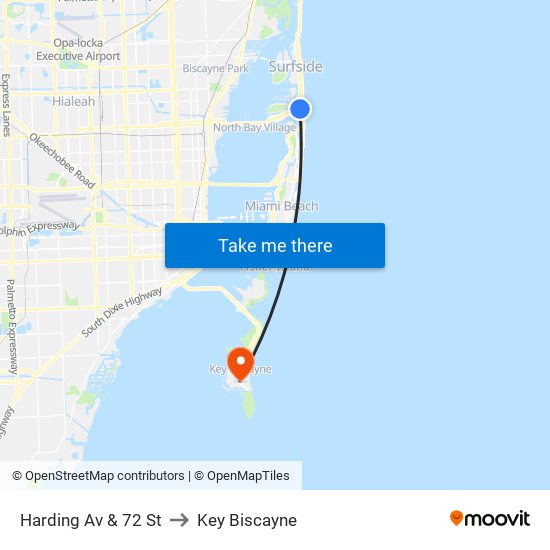 Harding Av & 72 St to Key Biscayne map