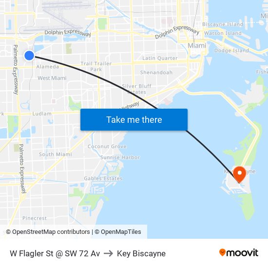 W Flagler St @ SW 72 Av to Key Biscayne map