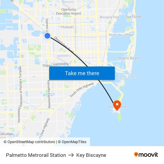 Palmetto Metrorail Station to Key Biscayne map