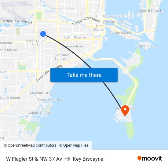 W Flagler St & NW 37 Av to Key Biscayne map