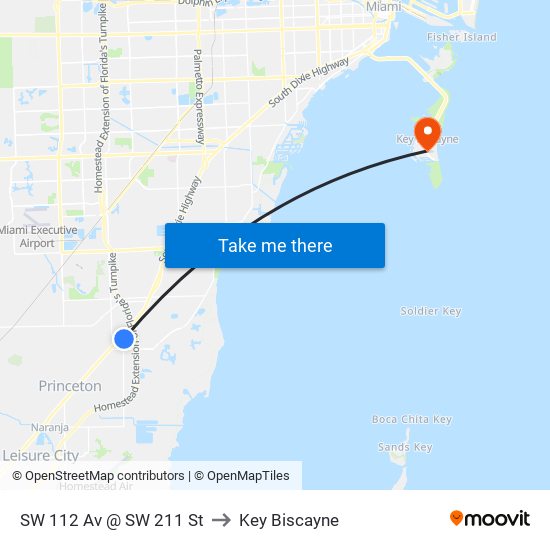 SW 112 Av @ SW 211 St to Key Biscayne map