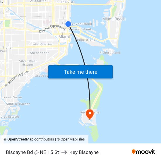 Biscayne Bd @ NE 15 St to Key Biscayne map