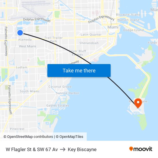 W Flagler St & SW 67 Av to Key Biscayne map