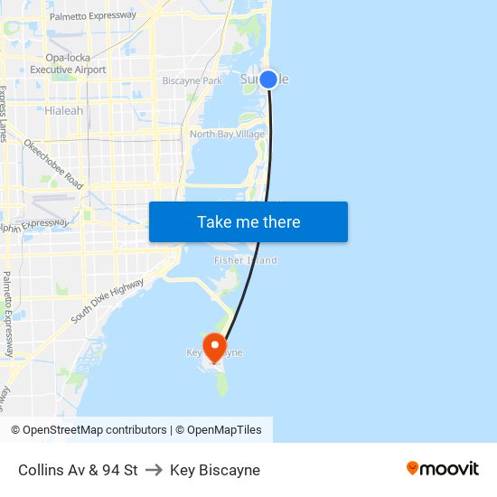 Collins Av & 94 St to Key Biscayne map