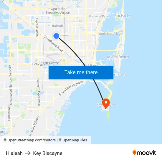 Hialeah to Key Biscayne map