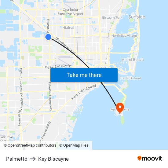 Palmetto to Key Biscayne map