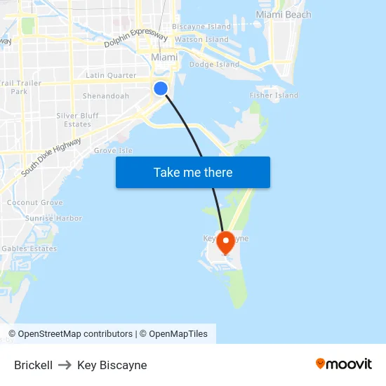 Brickell to Key Biscayne map