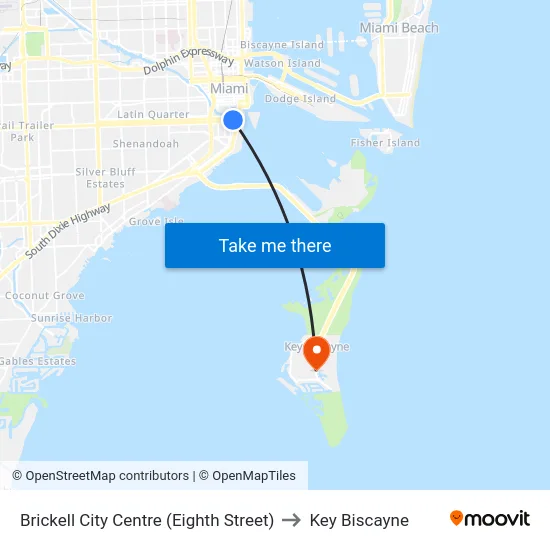 Brickell City Centre (Eighth Street) to Key Biscayne map