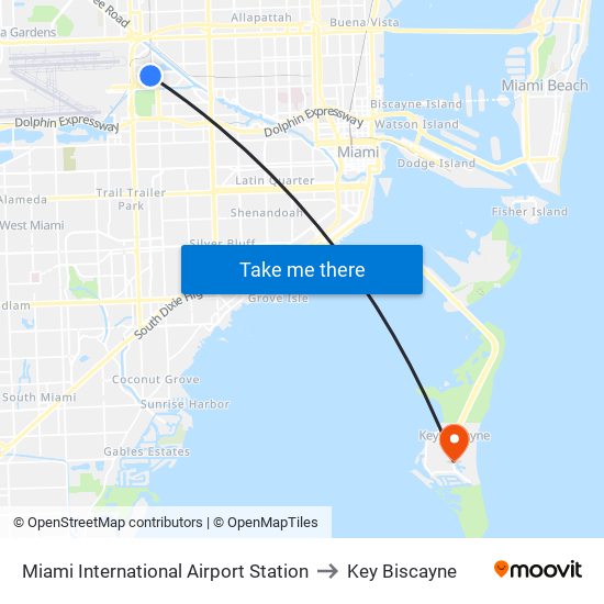 Miami International Airport Station to Key Biscayne map