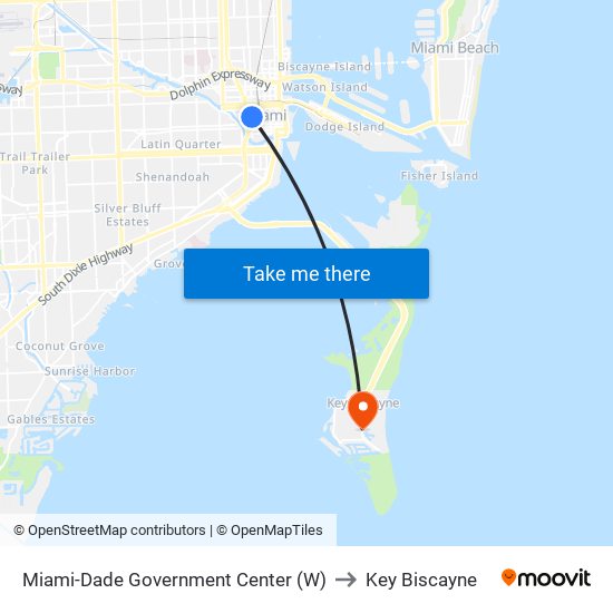 Miami-Dade Government Center (W) to Key Biscayne map