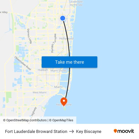 Fort Lauderdale Broward Station to Key Biscayne map