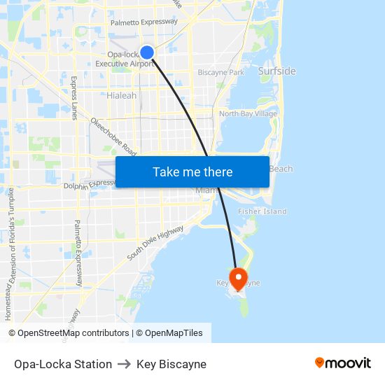 Opa-Locka Station to Key Biscayne map