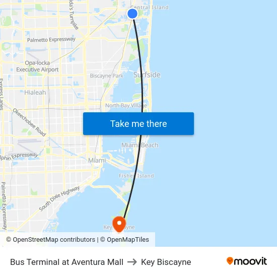 Bus Terminal at Aventura Mall to Key Biscayne map