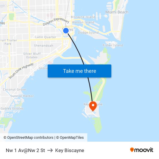 Nw 1 Av@Nw 2 St to Key Biscayne map