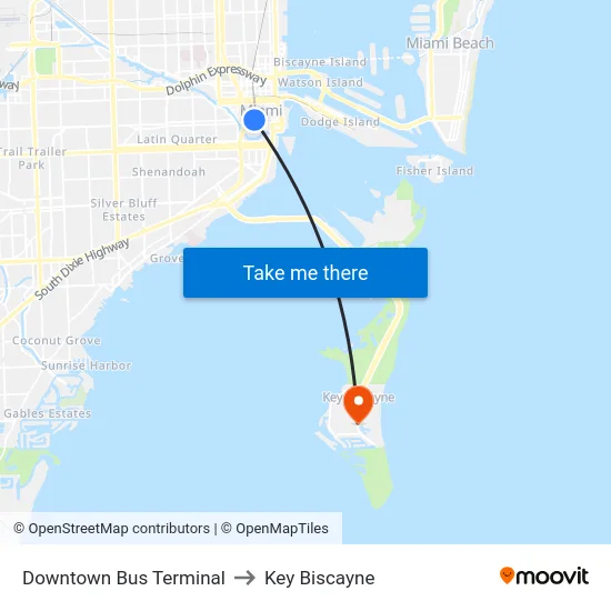 Downtown Bus Terminal to Key Biscayne map