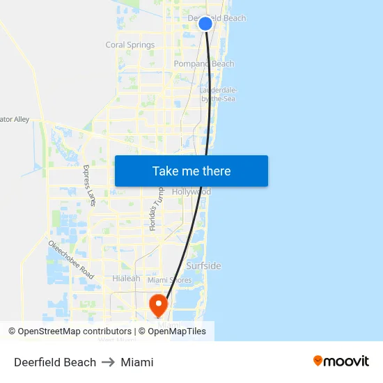 Deerfield Beach to Miami map