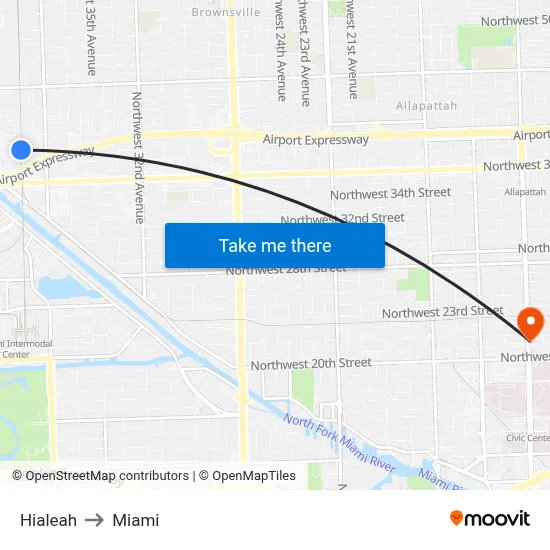 Hialeah to Miami map