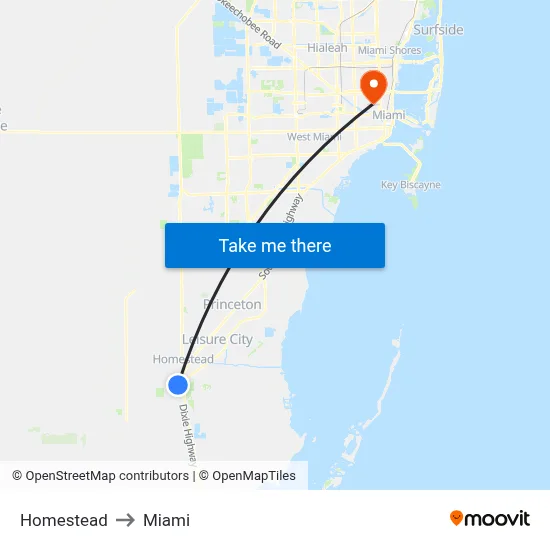 Homestead to Miami map