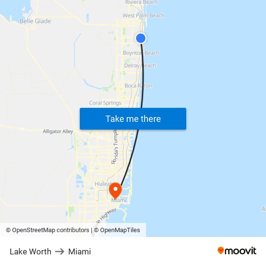 Lake Worth to Miami map