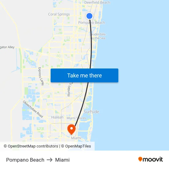 Pompano Beach to Miami map