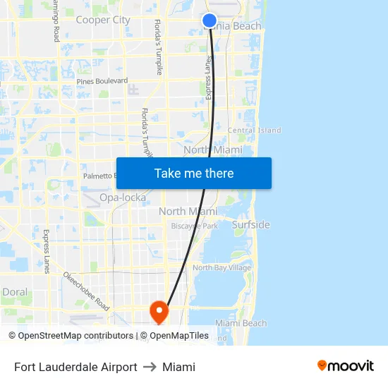 Fort Lauderdale Airport to Miami map