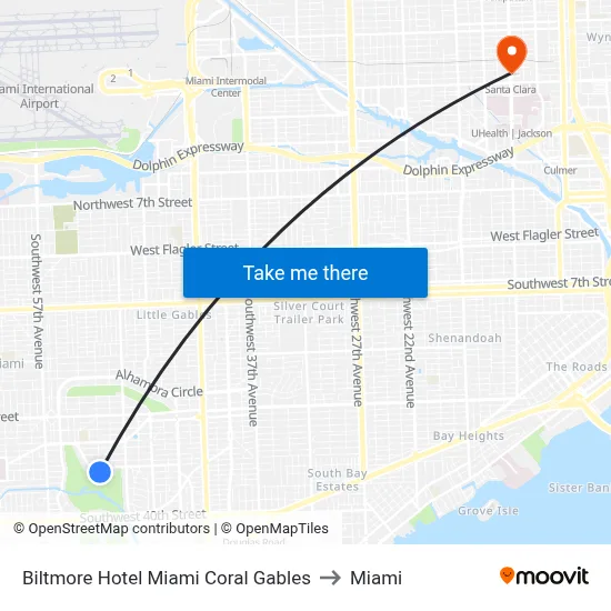 Biltmore Hotel Miami Coral Gables to Miami map