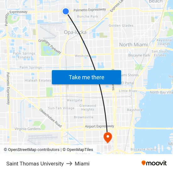 Saint Thomas University to Miami map