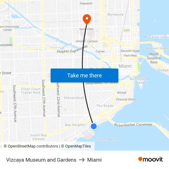 Vizcaya Museum and Gardens to Miami map