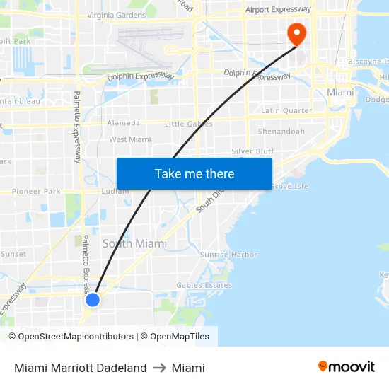 Miami Marriott Dadeland to Miami map