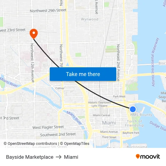 Bayside Marketplace to Miami map