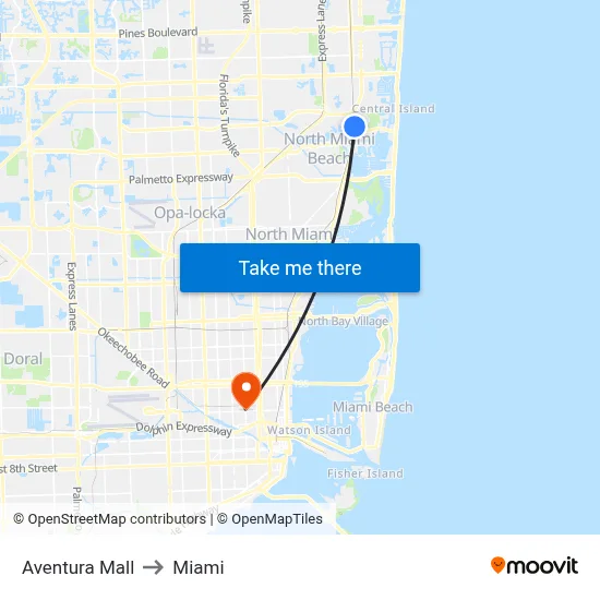Aventura Mall to Miami map