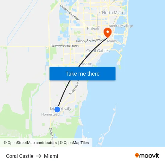 Coral Castle to Miami map