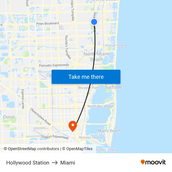 Hollywood Station to Miami map