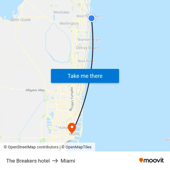 The Breakers hotel to Miami map