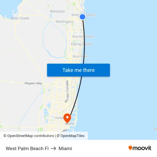 West Palm Beach Fl to Miami map